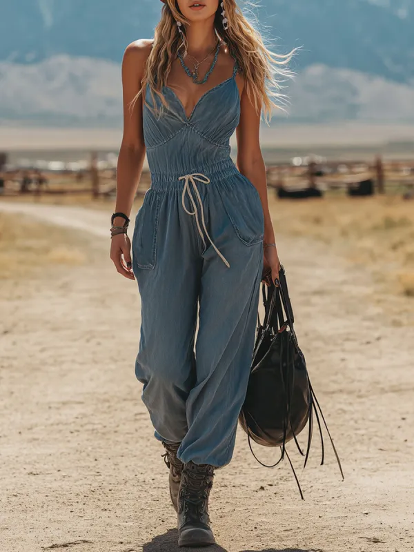 Retro-style Spaghetti Strap V-neck Denim Sleeveless Jumpsuit made by Oyrosy