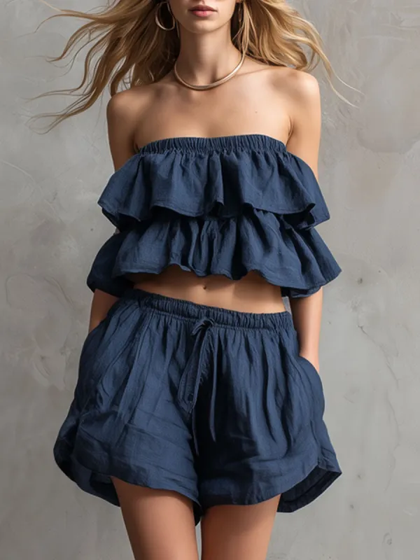 Casual Retro Navy Blue Cotton Linen Ruffled Strapless Shorts Set made by Oyrosy
