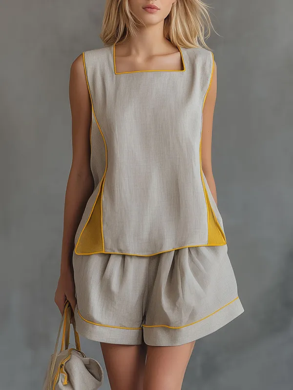 Stylish And Casual Color-blocked Trim Gray Tencel Linen Top And Shorts Set made by Oyrosy