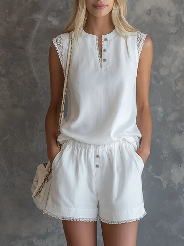Fashionable Retro Lace-trimmed White Tencel Linen Top And Shorts Set made by Oyrosy