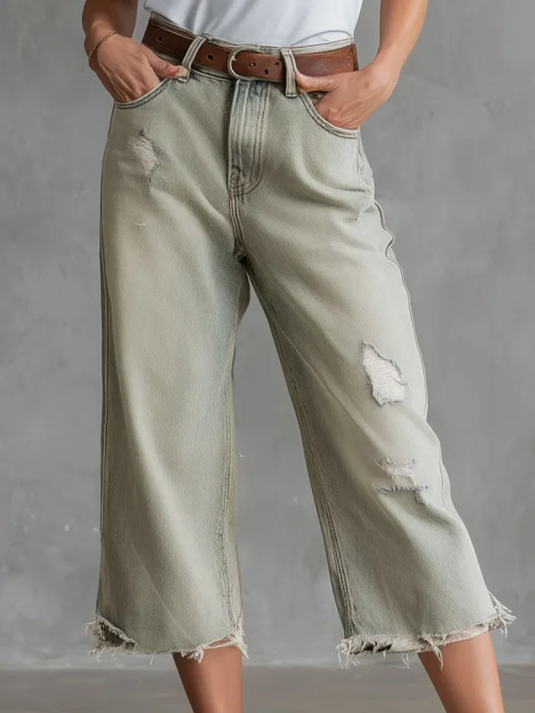 Casual Retro Light Green Washed Denim Capri Pants made by Oyrosy