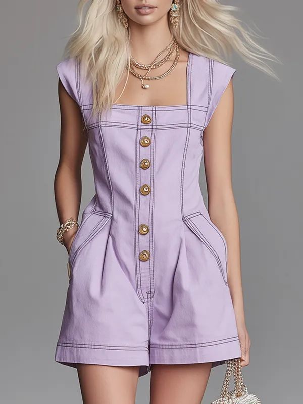 Stylish And Sophisticated Square Neck Sleeveless Button A-line Denim Jumpsuit made by Oyrosy