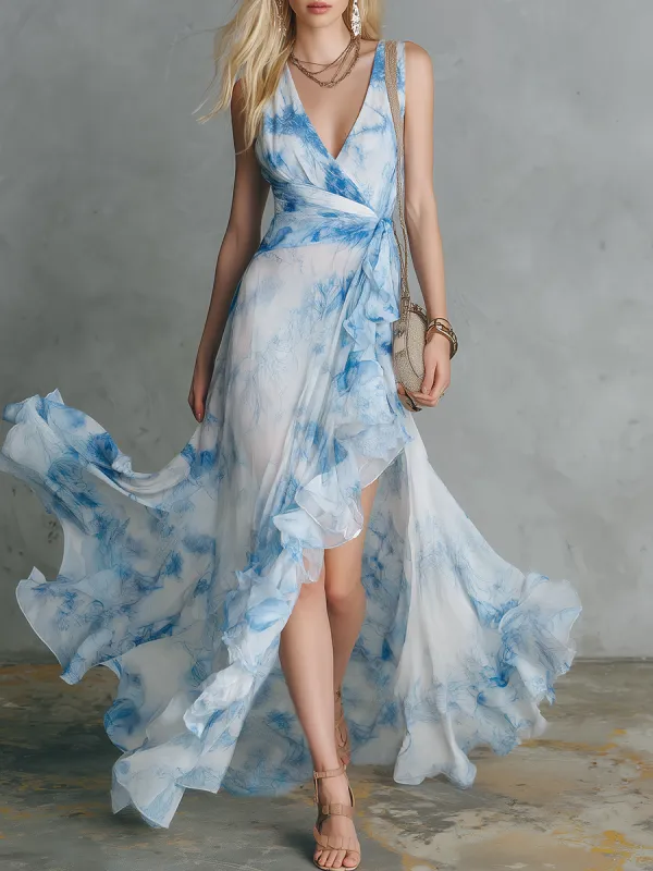 Stylish And Elegant V-neck Ruffled Slit Printed Chiffon Maxi Dress made by Oyrosy