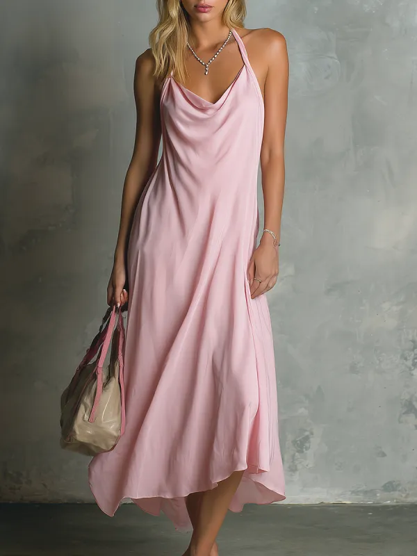 Simple And Casual Sleeveless Drop Neck Solid Color Chiffon Midi Dress made by Oyrosy