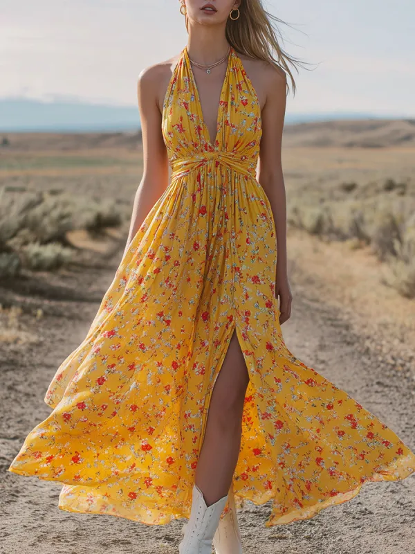 Western-style Retro Floral Yellow Fitted V-neck Sleeveless Chiffon Midi Dress made by Oyrosy