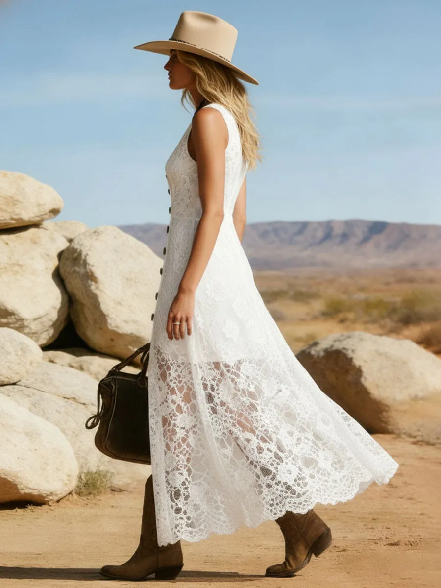Elegant V-neck Button-down Lace Sleeveless Maxi Dress sold by Oyrosy product image thumbnail 2