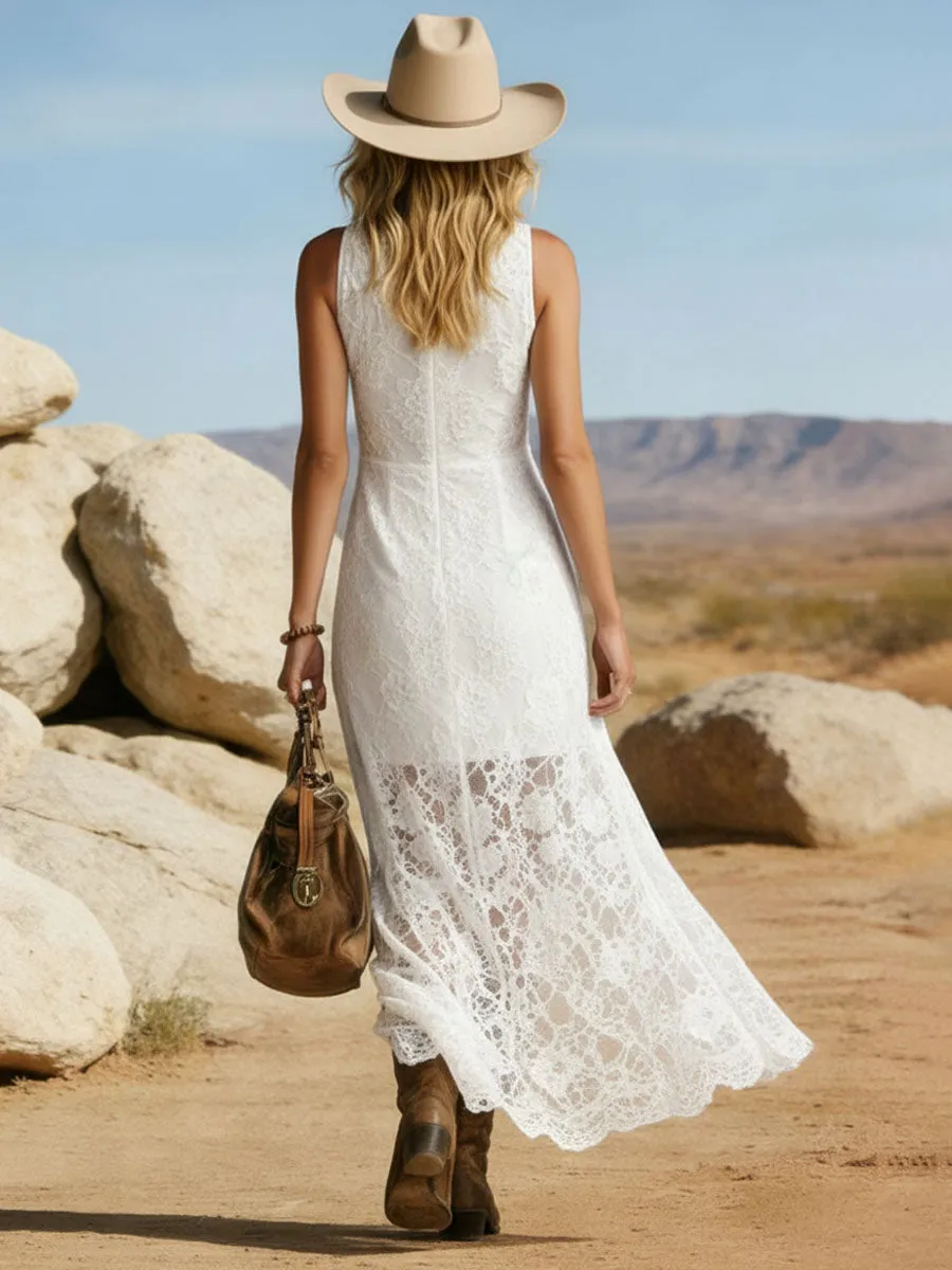 Elegant V-neck Button-down Lace Sleeveless Maxi Dress sold by Oyrosy product image thumbnail 3