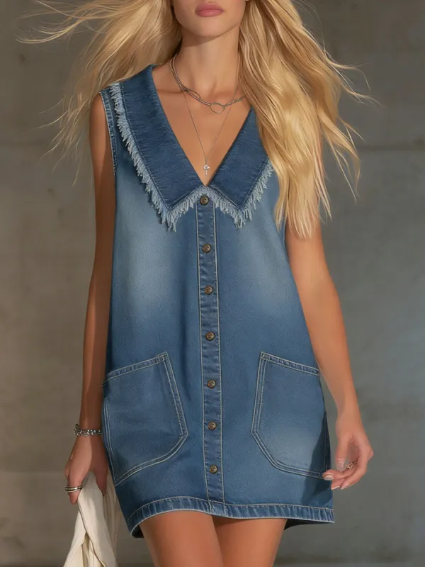 Retro-style Collared Denim Sleeveless Mini Dress made by Oyrosy