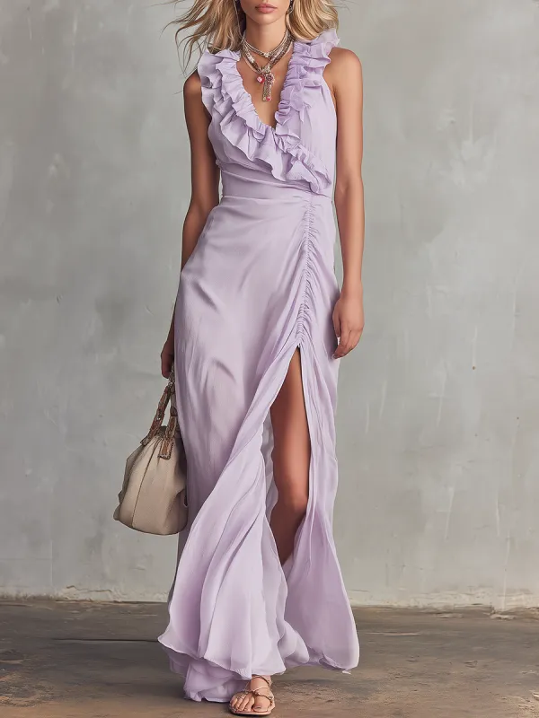 Stylish And Elegant V-neck Ruffled Sleeveless Chiffon Maxi DressStylish And Elegant V-neck Ruffled Sleeveless Chiffon Maxi Dress made by Oyrosy