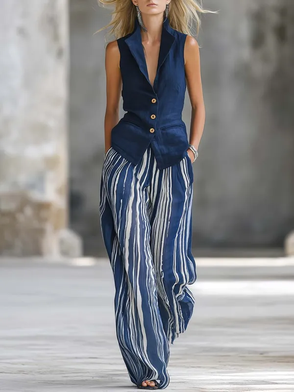 Retro Casual Vacation Dark Blue Cotton-Linen V-Neck Button-Front Vest And Striped Chiffon Pants Set made by Oyrosy