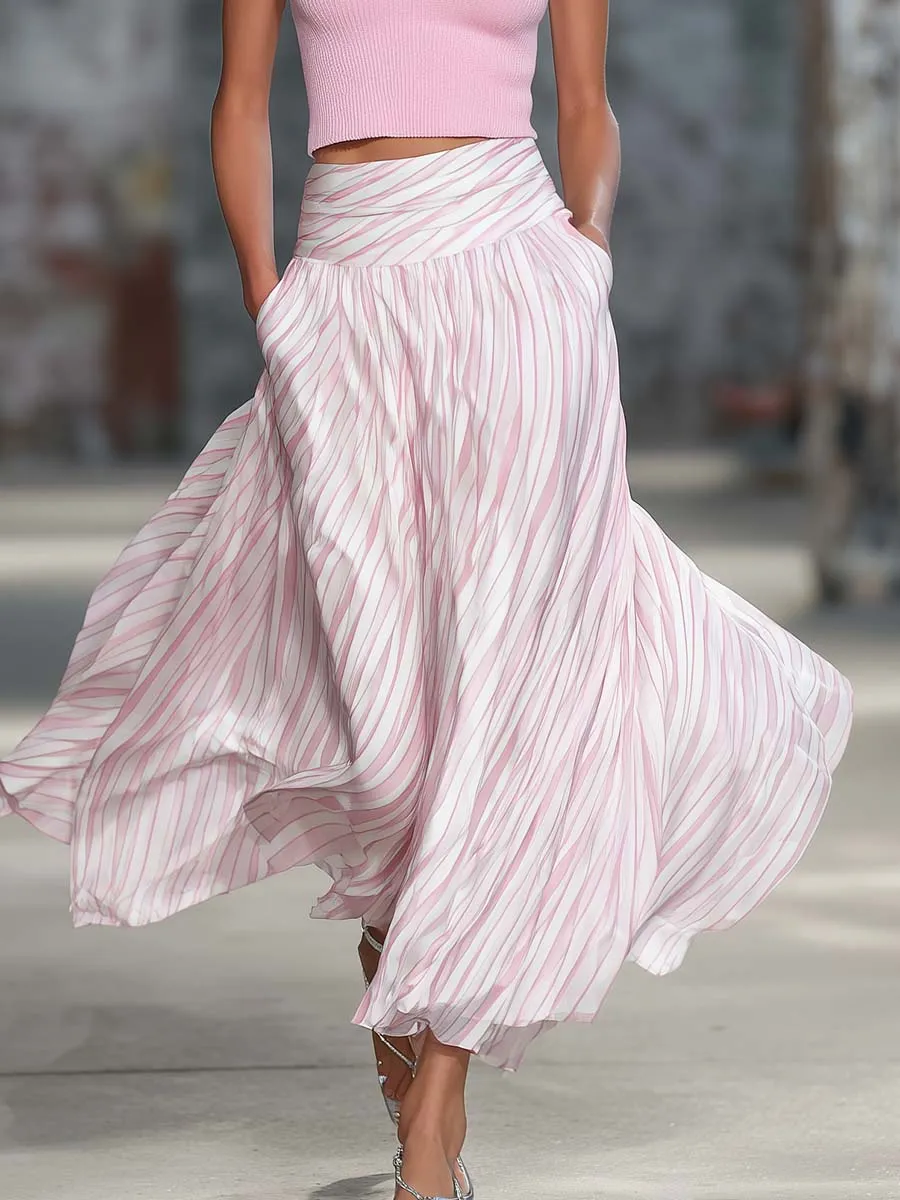 Elegant Retro Flowy Pink Knit Top And Striped Chiffon Skirt Set sold by Oyrosy product image thumbnail 4