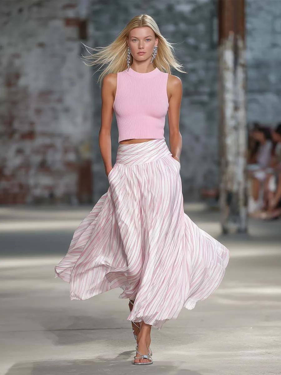 Elegant Retro Flowy Pink Knit Top And Striped Chiffon Skirt Set sold by Oyrosy product image thumbnail 2