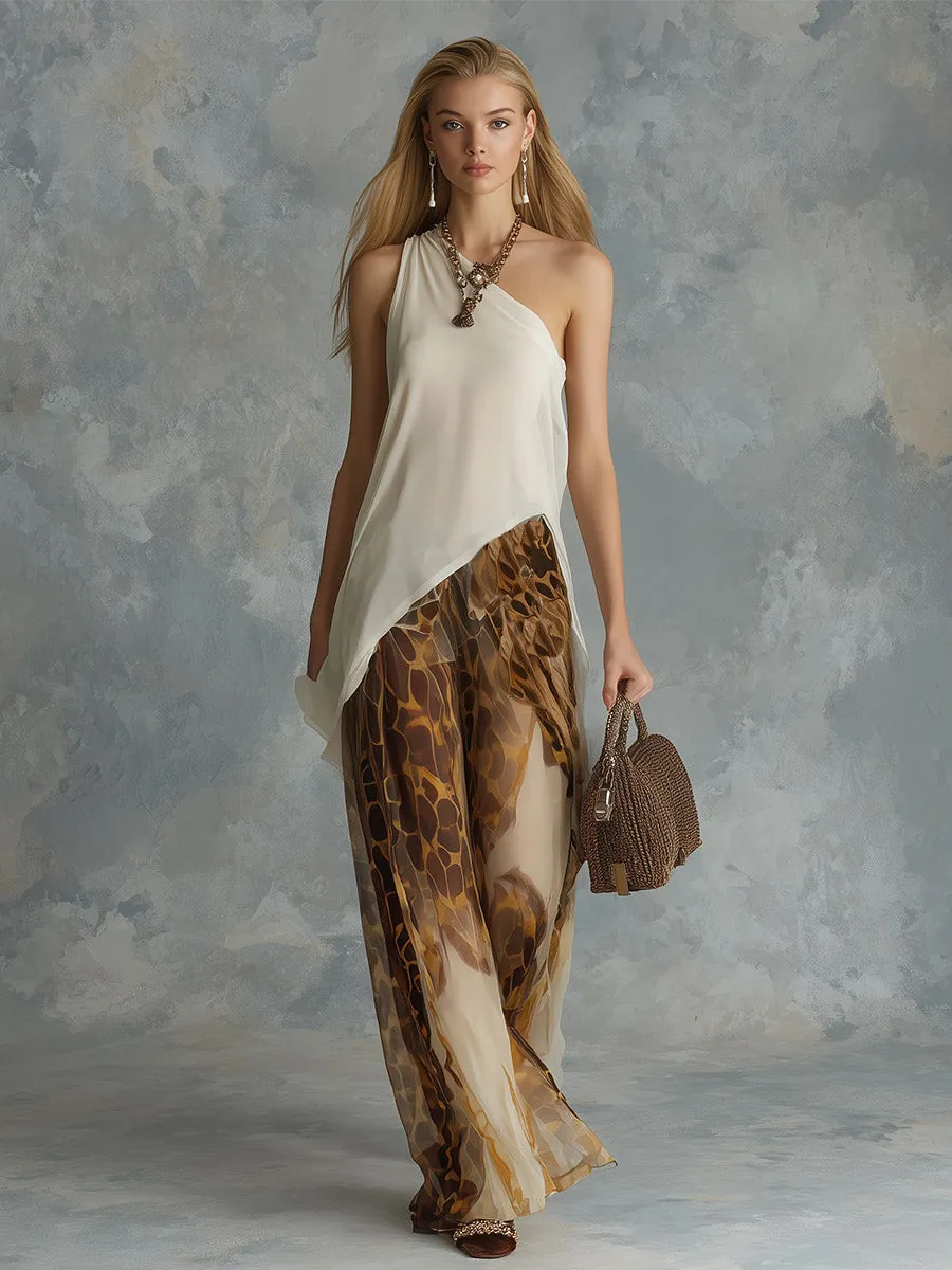 Retro Beige Asymmetrical-Neck Sleeveless Top & Animal Print Wide-Leg Chiffon Pant Set sold by Oyrosy product image thumbnail 2
