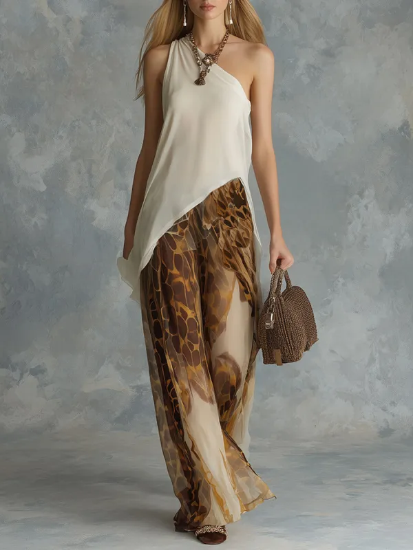 Retro Beige Asymmetrical-Neck Sleeveless Top & Animal Print Wide-Leg Chiffon Pant Set made by Oyrosy