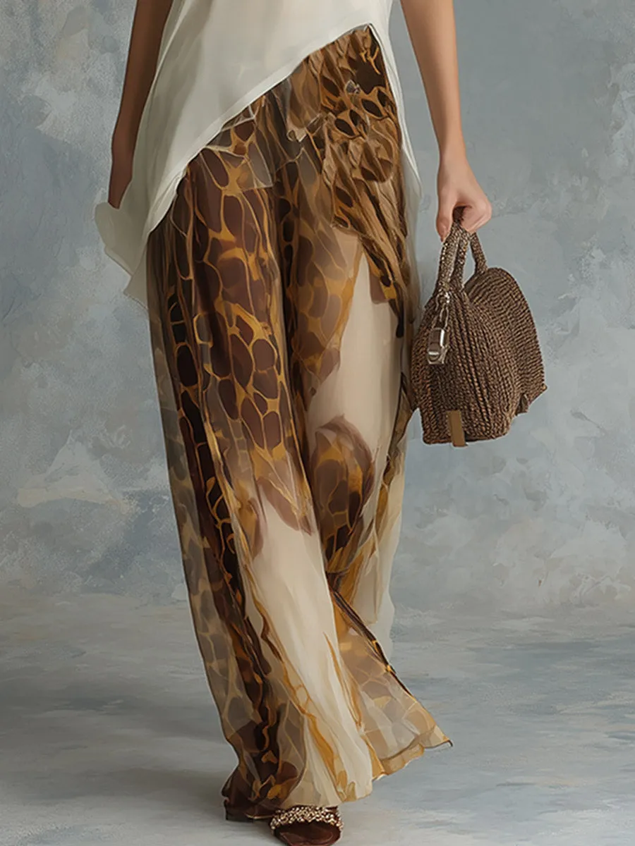 Retro Beige Asymmetrical-Neck Sleeveless Top & Animal Print Wide-Leg Chiffon Pant Set sold by Oyrosy product image thumbnail 4
