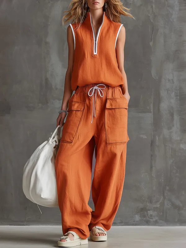Casual Retro Orange Cotton Linen Half-Zip Sleeveless Top And Cargo Pants Set made by Oyrosy