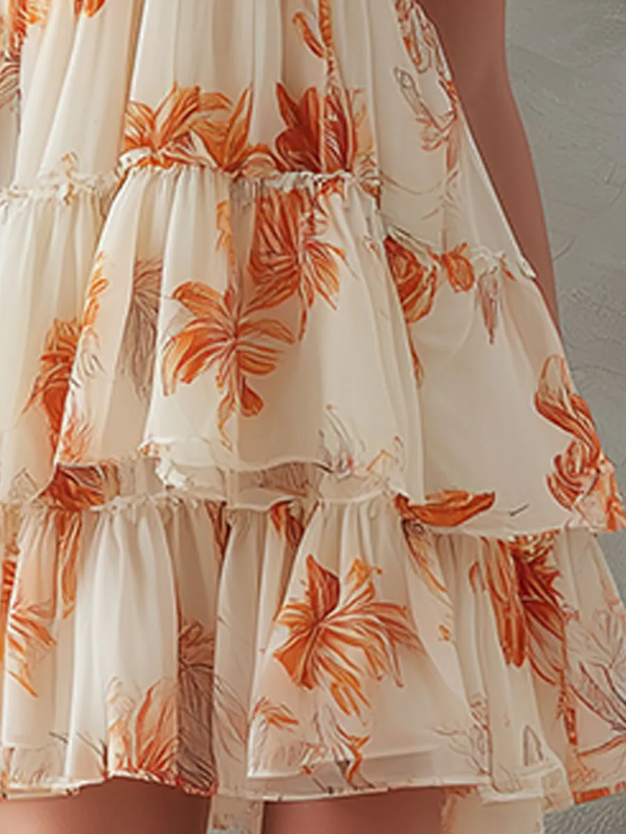 Fashionable Retro Printed Off-white Halter V-neck Ruffled Chiffon Mini Dress sold by Oyrosy product image thumbnail 4