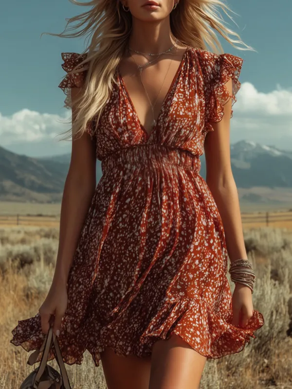 Retro-style Ruffled Printed Chiffon Sleeveless Mini Dress made by Oyrosy