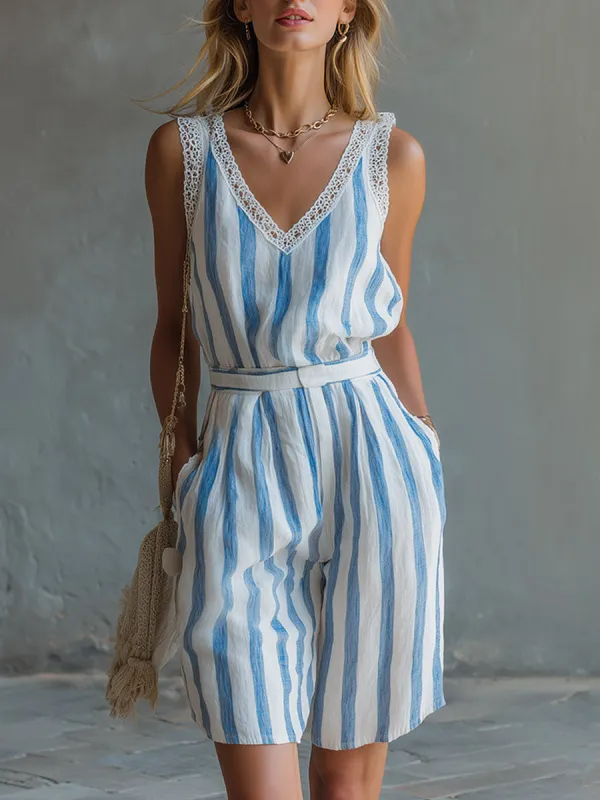 Elegant Casual Lace-Trimmed Blue Striped Tank Top And Mid-Length Shorts Set made by Oyrosy