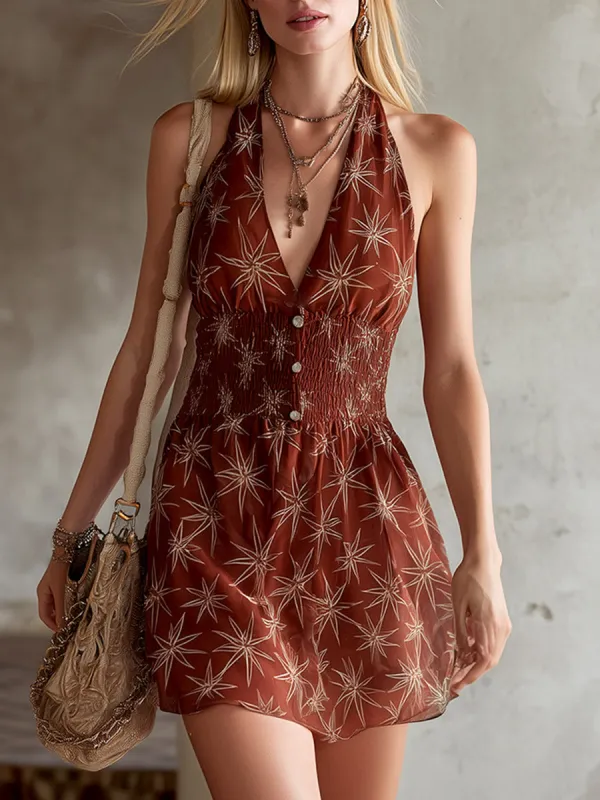 Retro Bohemian Red-Brown Geometric Print Chiffon Mini Dress made by Oyrosy