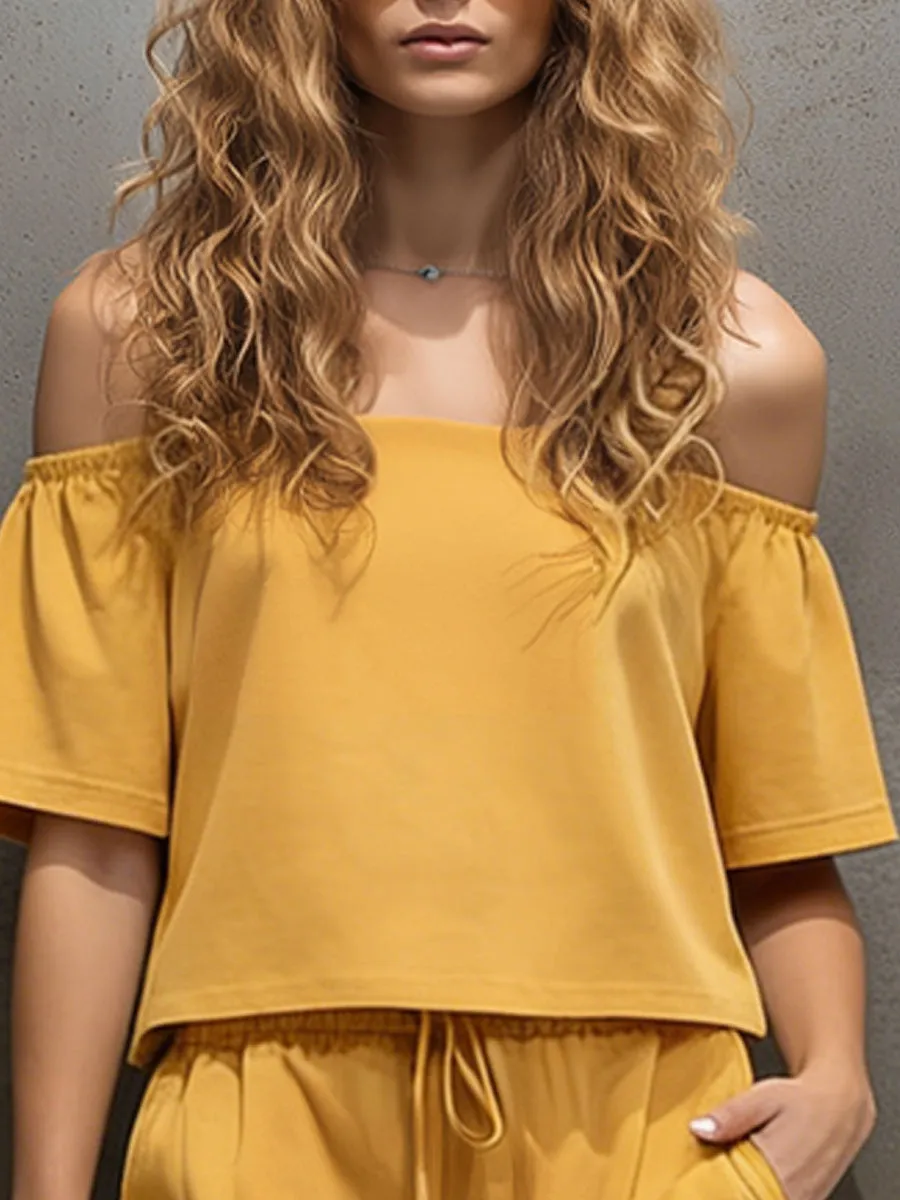 Casual Sporty Retro Yellow Cotton Off-Shoulder Top And Shorts Set sold by Oyrosy product image thumbnail 4