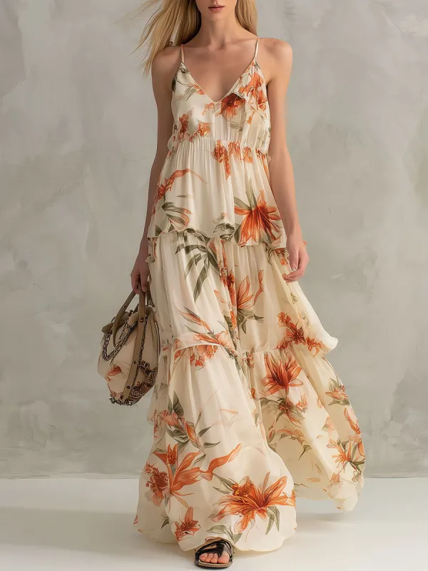 Fashionable Retro Printed Ruffled Off-white V-neck Chiffon Maxi Dress made by Oyrosy