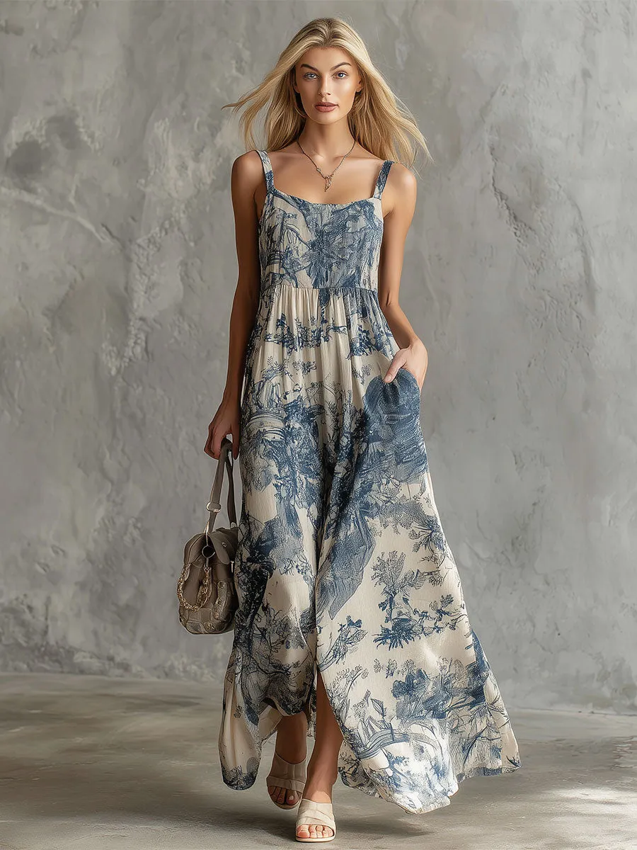 Retro Elegant Blue Floral Print Sleeveless Square Neck Chiffon Maxi Dress sold by Oyrosy product image thumbnail 4