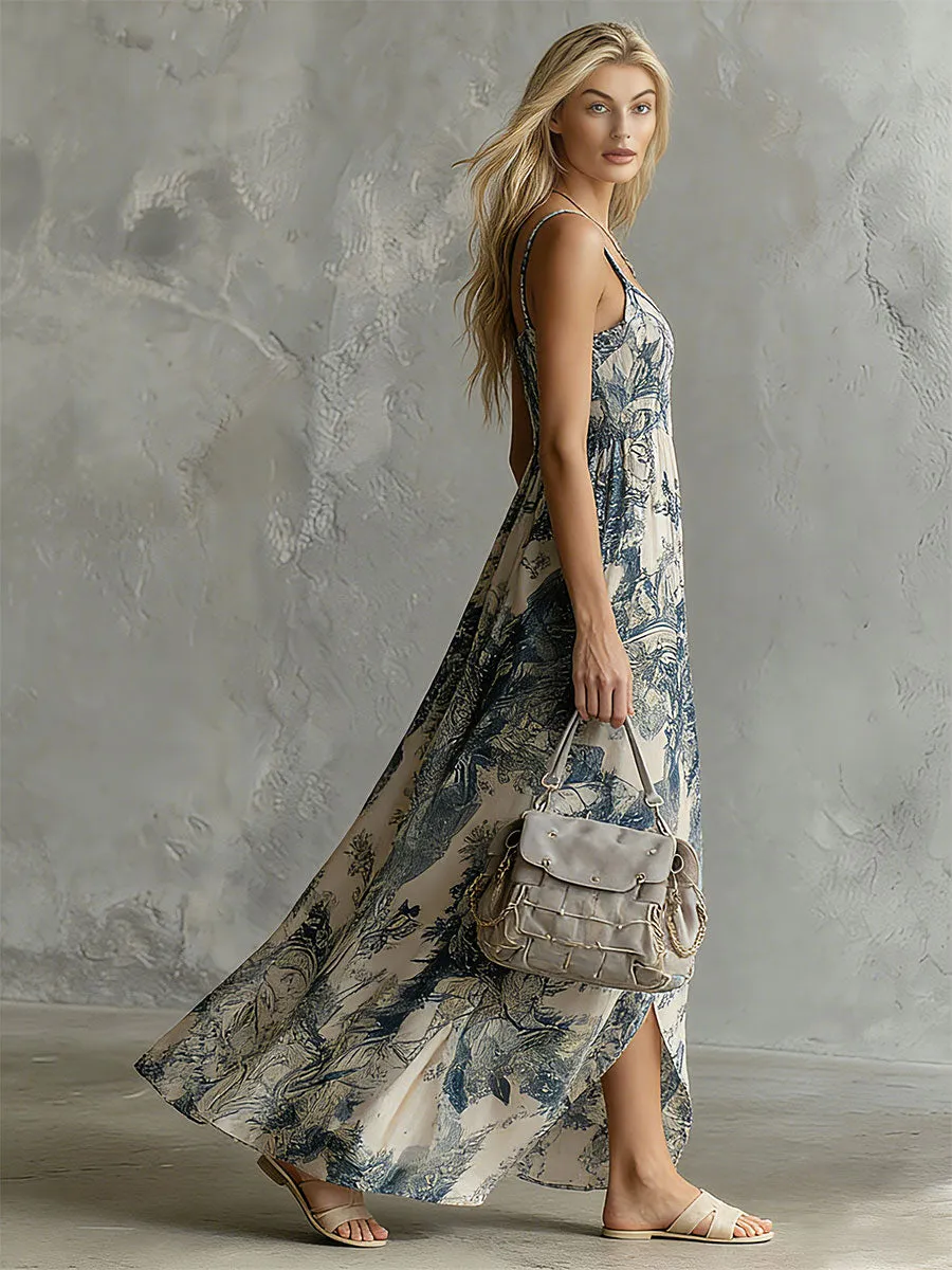Retro Elegant Blue Floral Print Sleeveless Square Neck Chiffon Maxi Dress sold by Oyrosy product image thumbnail 2