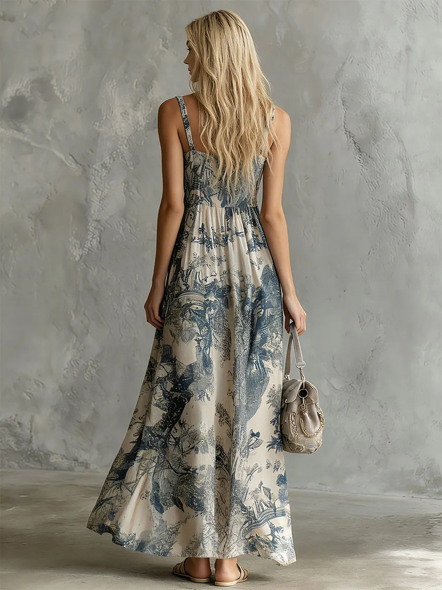 Retro Elegant Blue Floral Print Sleeveless Square Neck Chiffon Maxi Dress sold by Oyrosy product image thumbnail 3