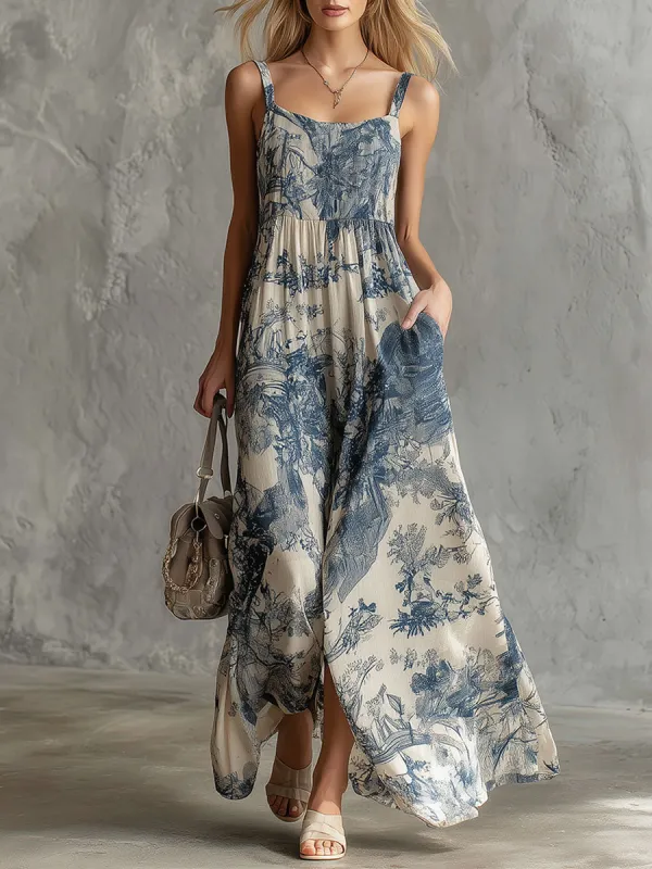 Retro Elegant Blue Floral Print Sleeveless Square Neck Chiffon Maxi Dress made by Oyrosy