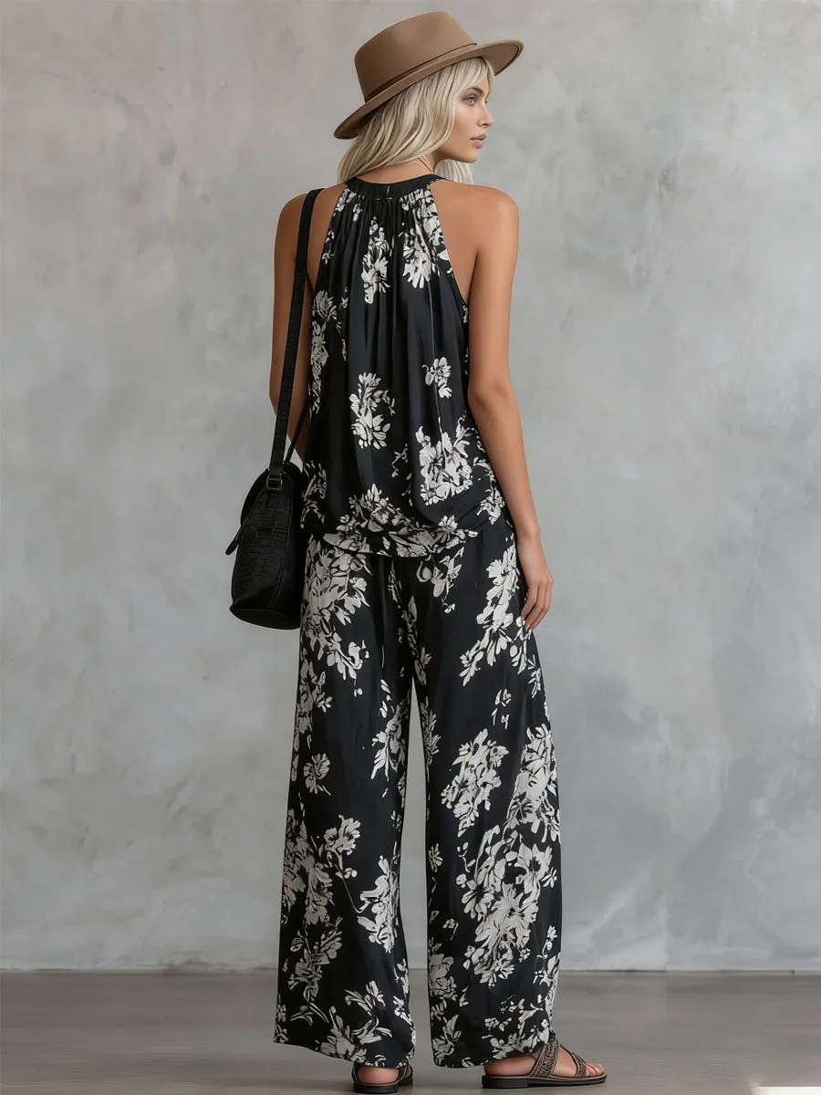 Loose-fitting Floral Print Sleeveless Top And Trousers Chiffon Set sold by Oyrosy product image thumbnail 3