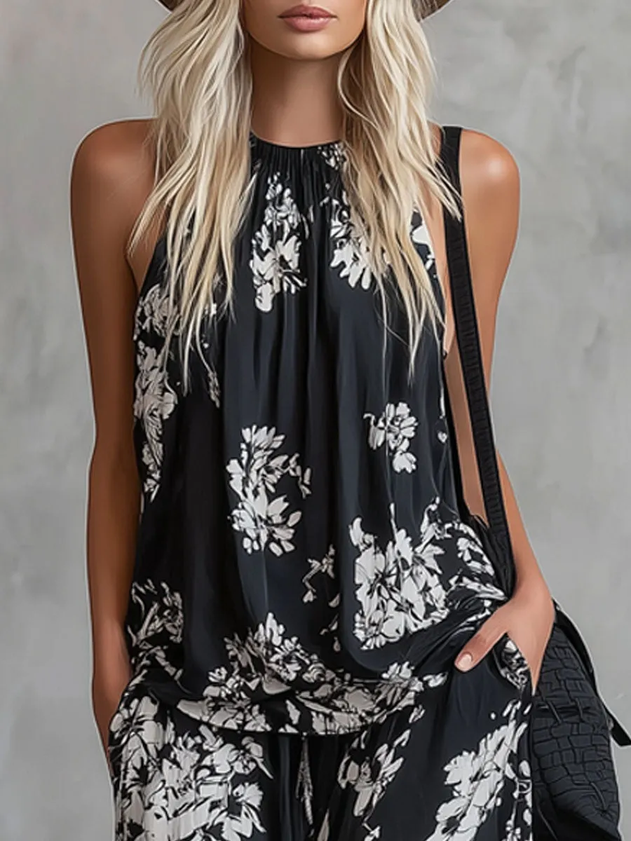 Loose-fitting Floral Print Sleeveless Top And Trousers Chiffon Set sold by Oyrosy product image thumbnail 4