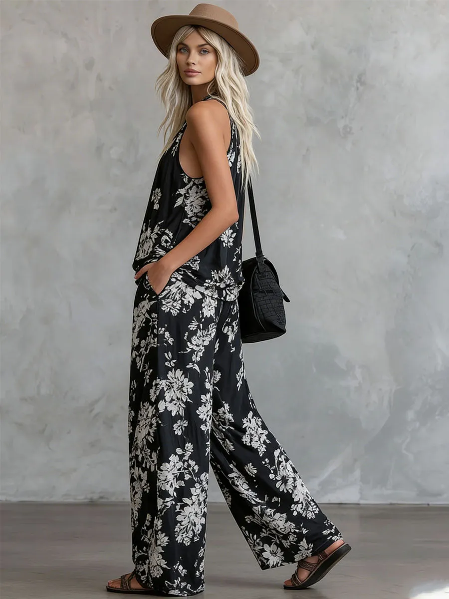 Loose-fitting Floral Print Sleeveless Top And Trousers Chiffon Set sold by Oyrosy product image thumbnail 2