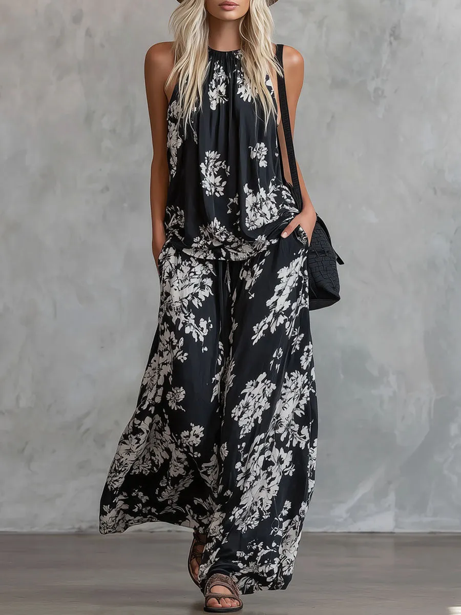 Loose-fitting Floral Print Sleeveless Top And Trousers Chiffon Set sold by Oyrosy