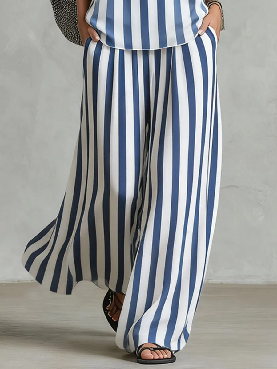 Loose-fitting Striped Print Sleeveless Top And Trousers Chiffon Set sold by Oyrosy product image thumbnail 5