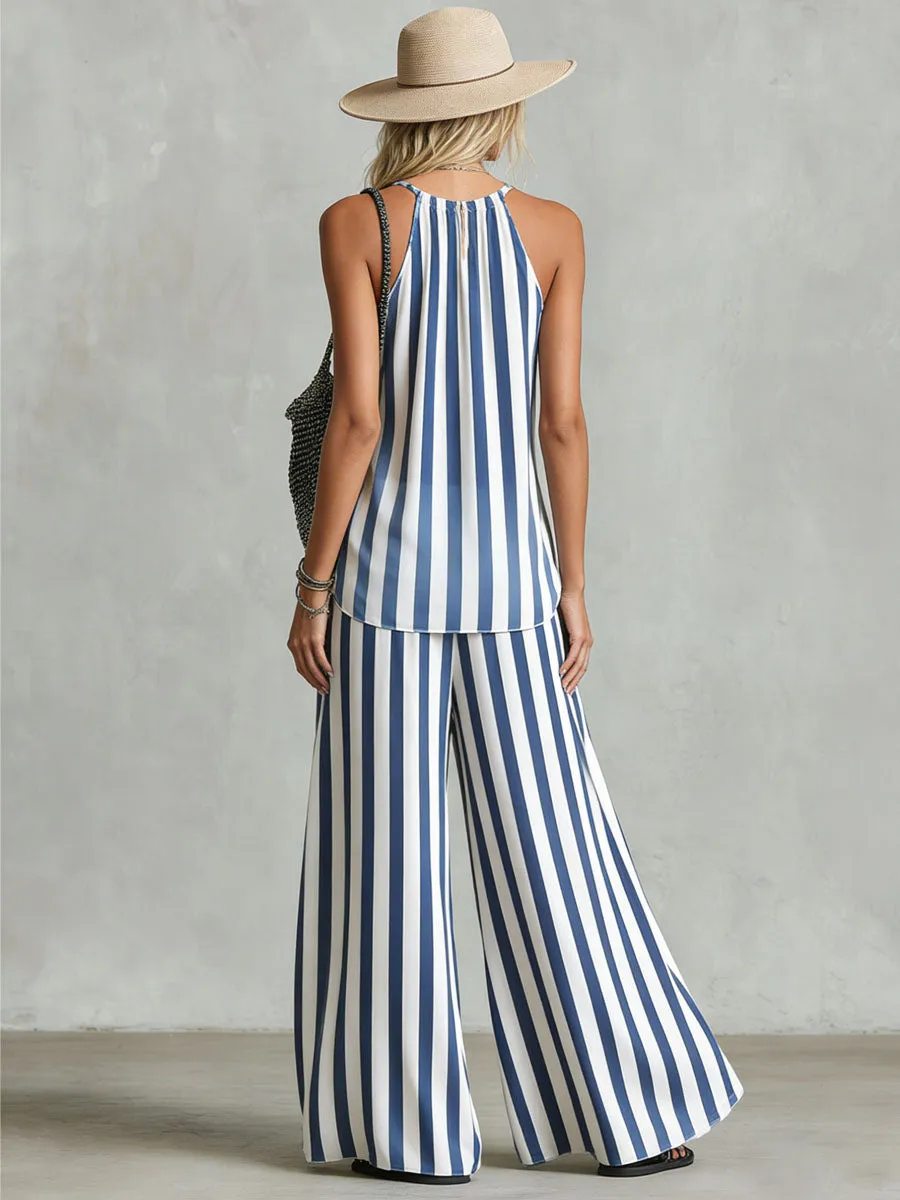 Loose-fitting Striped Print Sleeveless Top And Trousers Chiffon Set sold by Oyrosy product image thumbnail 3