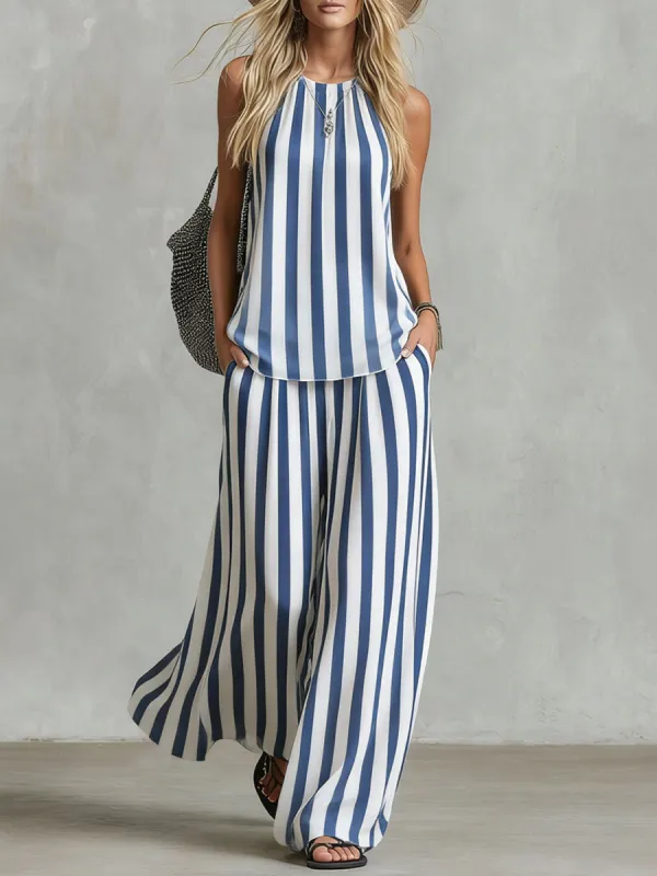 Loose-fitting Striped Print Sleeveless Top And Trousers Chiffon Set made by Oyrosy