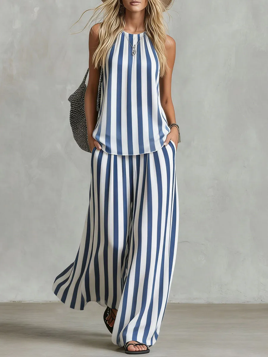 Loose-fitting Striped Print Sleeveless Top And Trousers Chiffon Set sold by Oyrosy