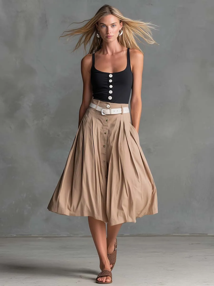 Retro-Casual Black Cotton Front-Button Tank Top And Khaki A-Line Skirt Set sold by Oyrosy product image thumbnail 2