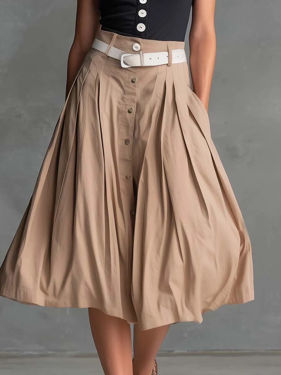 Retro-Casual Black Cotton Front-Button Tank Top And Khaki A-Line Skirt Set sold by Oyrosy product image thumbnail 4