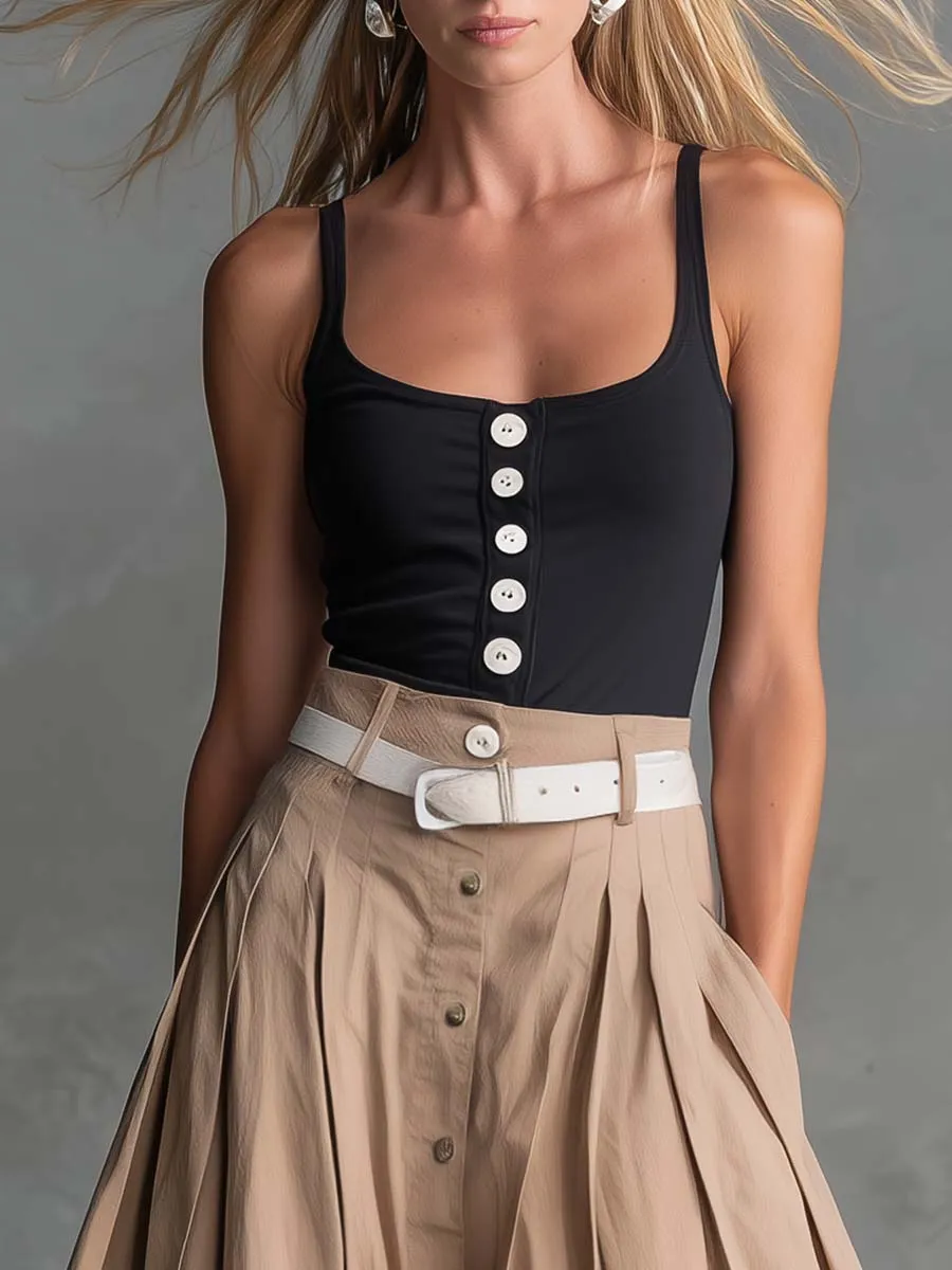 Retro-Casual Black Cotton Front-Button Tank Top And Khaki A-Line Skirt Set sold by Oyrosy product image thumbnail 3
