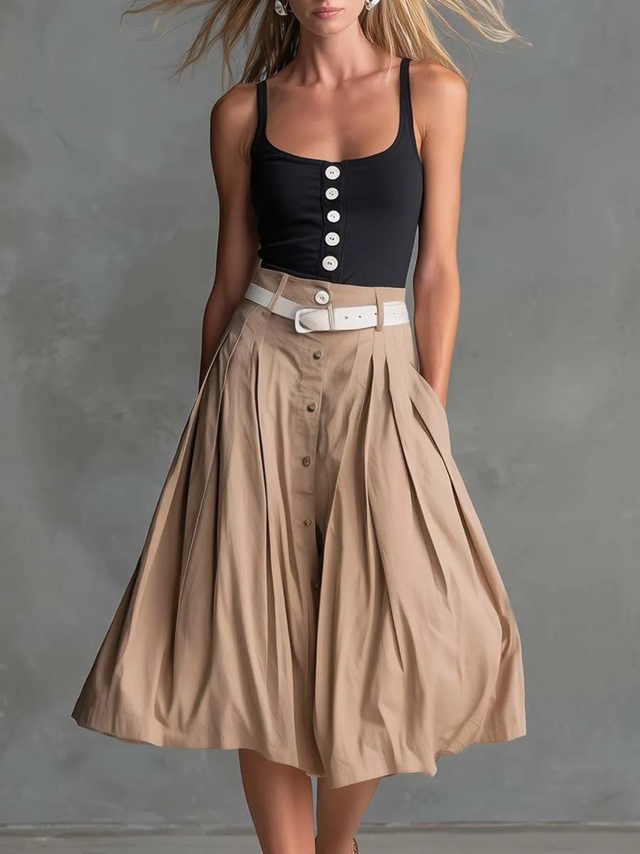 Retro-Casual Black Cotton Front-Button Tank Top And Khaki A-Line Skirt Set sold by Oyrosy