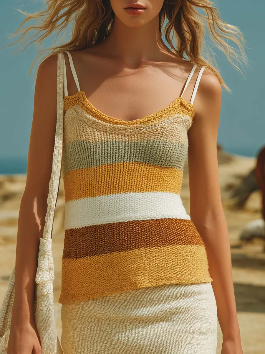 Vacation Western Breathable Striped Contrast Knit Tank Top And Skirt Set sold by Oyrosy product image thumbnail 3