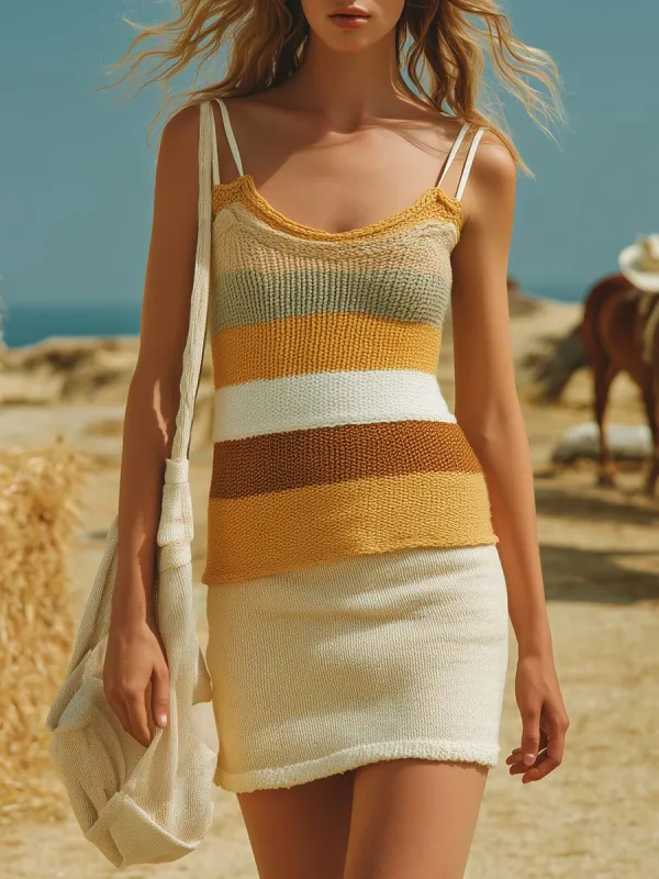 Vacation Western Breathable Striped Contrast Knit Tank Top And Skirt Set made by Oyrosy