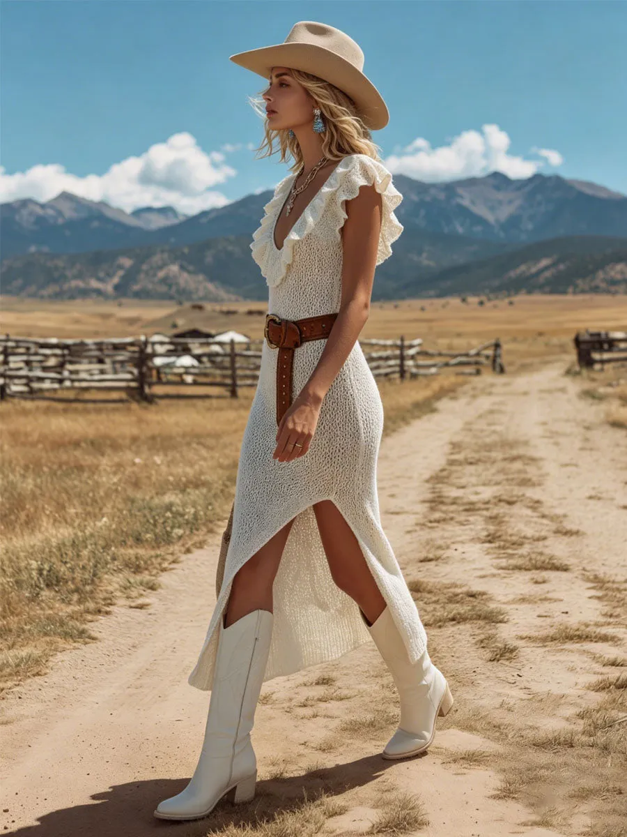 Retro V-neck Mesh Knit Ruffled Side Slit Sleeveless Midi Dress sold by Oyrosy product image thumbnail 2