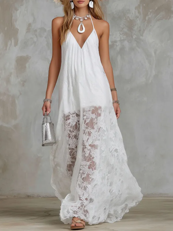 Retro V-neck Sleeveless Lace Maxi Dress made by Oyrosy