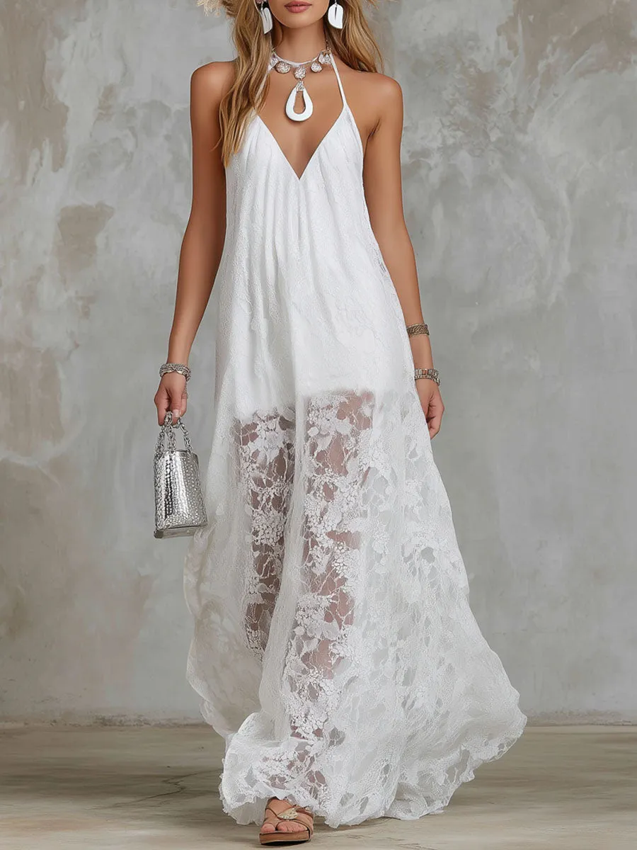 Retro V-neck Sleeveless Lace Maxi Dress sold by Oyrosy