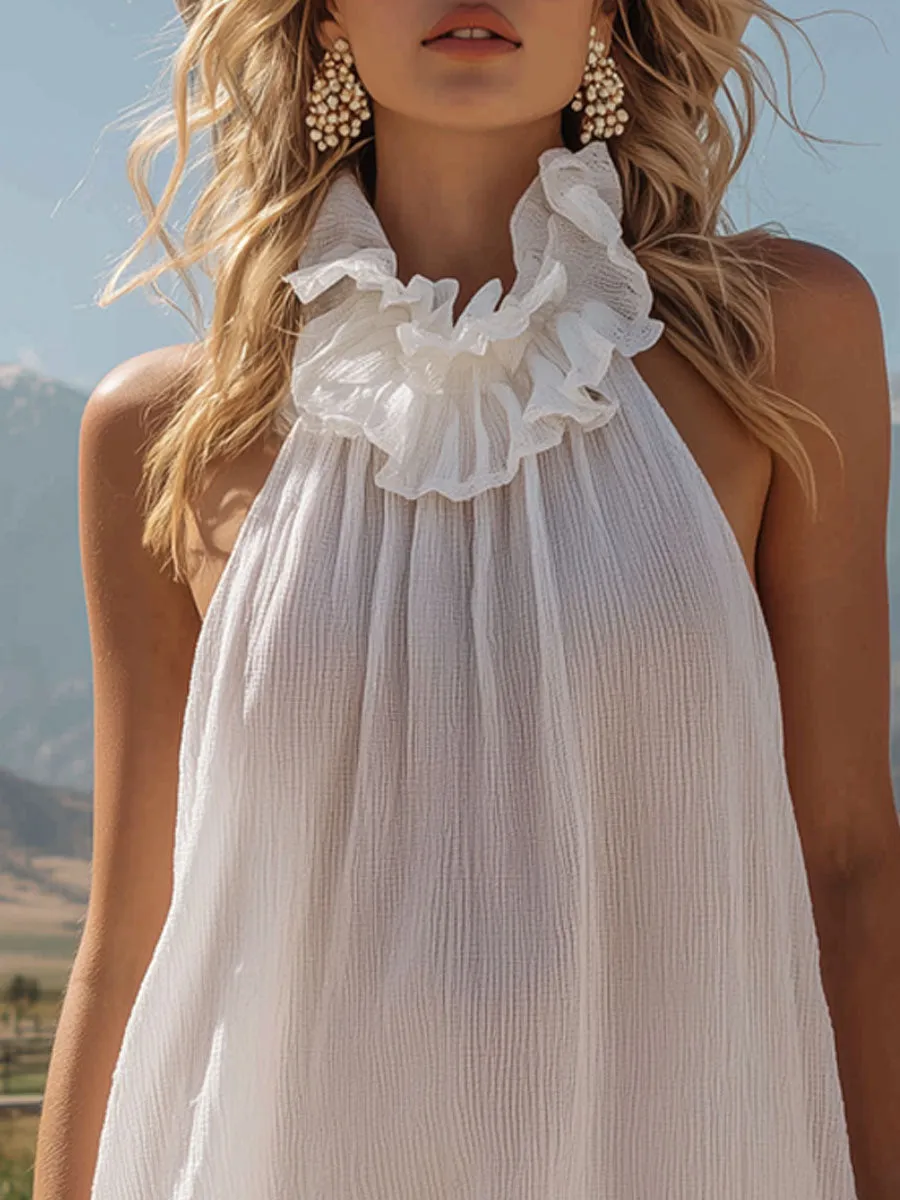 Retro-style Loose Ruffle Sleeveless Mini Dress sold by Oyrosy product image thumbnail 4