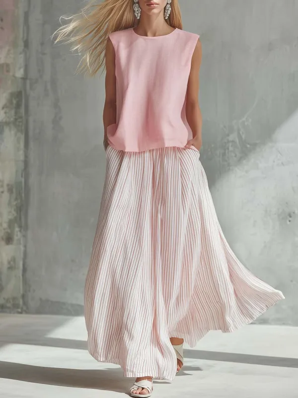 Casual Vacation Light Pink Cotton-Linen Crew-Neck Top And Striped Chiffon Maxi Skirt Set made by Oyrosy