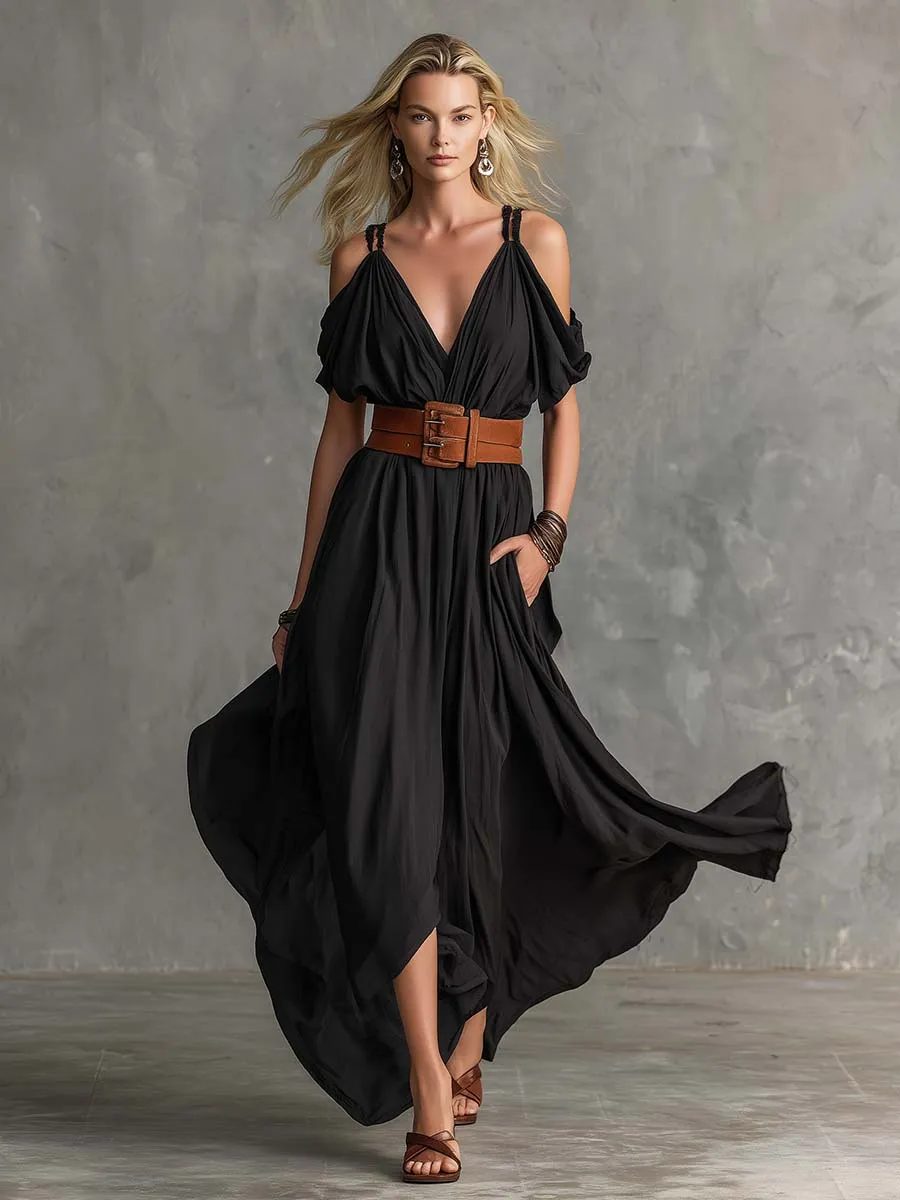 Casual Vacation Strappy V-Neck Black Cotton Slit Maxi Dress sold by Oyrosy product image thumbnail 2